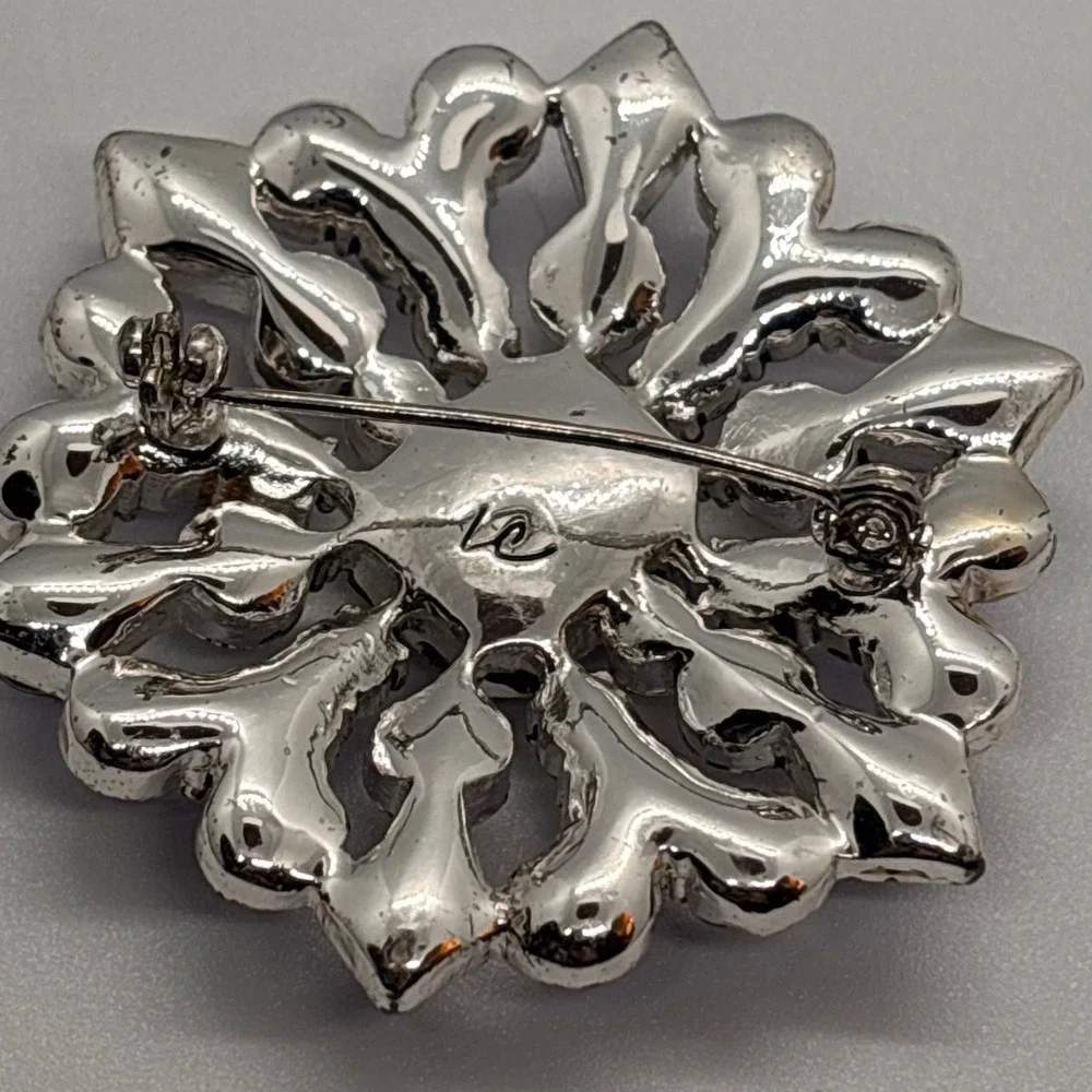 Vintage LC Rhinestone Brooch Silver Tone Purple Pink Floral Statement Pin - Picture 6 of 8